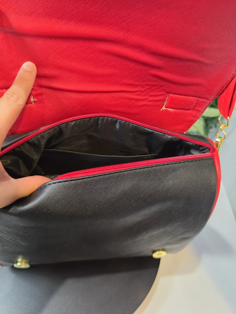 Black and Red Women's Satchel with Graphic Face Detail